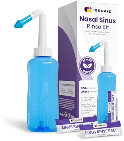 Kit per lavaggio nasale – Flacone da 300 ml + 20 bustine di soluzione salina, lavaggio dei seni nasali – Neti Pot per il sollievo dei seni nasali e l'igiene nasale