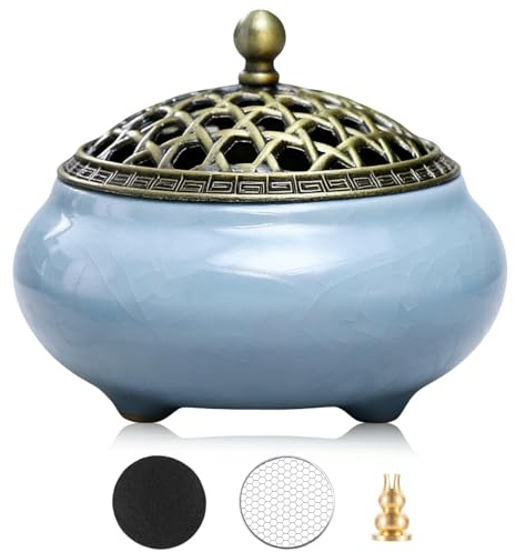 Encensoir Charbon en Porcelaine, Brûleur d'Encens en Céramique, Porte Encens Rond Encensoir Brûle-encens Récipient Céramique pour Yoga Spa Méditation L’Aide au Sommeil, Bleu