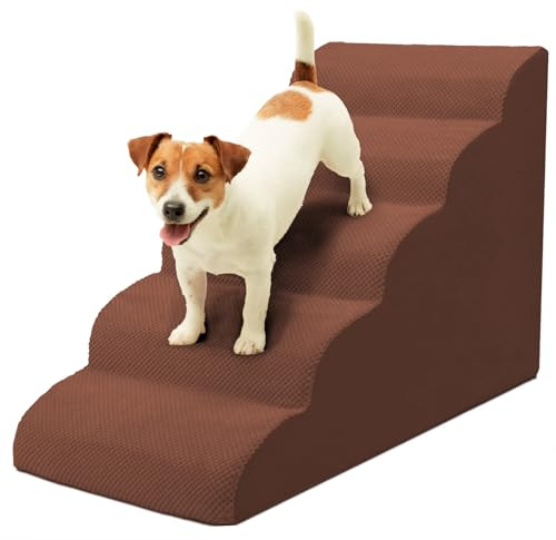 Niubya Scala per Cani e Gatti Piccoli, 5 Gradini 62 cm, Schiuma 30D, Antiscivolo, Fodera Lavabile, Ideale per Divano/Letto, Animali Anziani o Mobilità Ridotta, Marrone