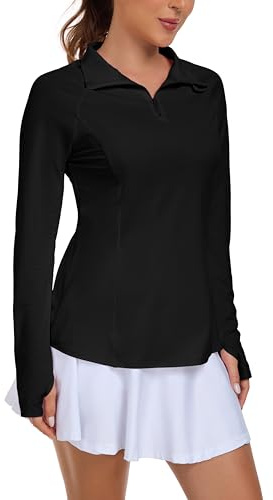 IWOLLENCE Top da corsa da donna UPF 50+ UV, vestibilità ampia, per golf, sport, allenamento, palestra, abbigliamento sportivo a maniche lunghe, maglia rash con zip 1/4, abbigliamento sportivo con fori