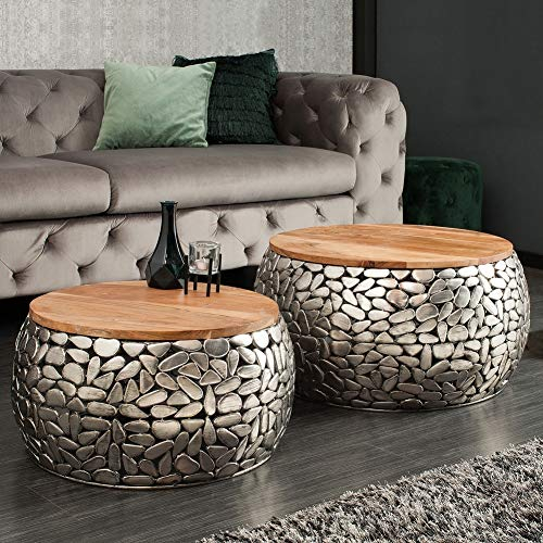 cagü 2er Set Couchtische Ravenna Silber Mangoholz mit Metallplättchen im Mosaik-Design handgefertigt 65cm/55cm