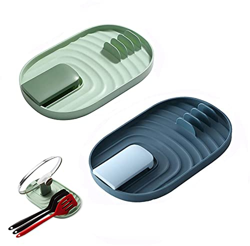 XPOOP Coperchio Pentola 2 Pezzi e Porta Cucchiaio, Mensola Portautensili, Mensola Porta Cucchiai, Portaposate per Evitare Macchie di Gocciolamento (Blu e Verde)