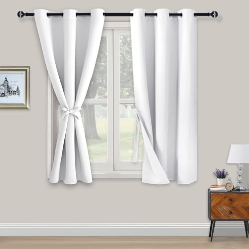 XWZO Blackout Curtains Shades Window Curtain Panels with Tiebacks- Noise Reduction and Thermal Insulated Eyelet Curtains for Bedroom,Living Room,Office,Study Room Greyish White W46xL54