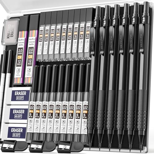 Nicpro 35 Stück Metall Druckbleistifte Set mit Etui, Kunst Fallminenstift 0,5, 0,7, 0,9 mm und 3 Stück 2 mm Druckbleistift mit 20 Dosen Bleistifte (6B 4B 2B HB 2H 4H Farben)zum Zeichnen und Skizzieren