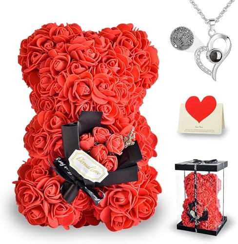Orsetto Rosa con Fiore: Regalo per la Festa della Mamma. Orso di Rose con Collana, Regalo per Ragazze, Donne, Moglie, Mamma. Inclusa Confezione Trasparente e Biglietto d'Amore. Ideale per Aniversari