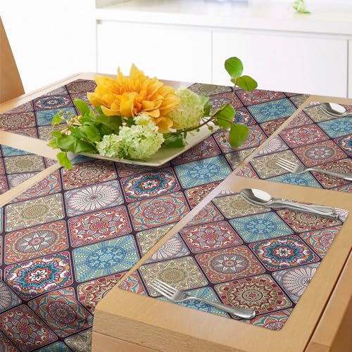 ABAKUHAUS Mandala Tischläufer & 4 Stück Tischsets, Buntes Mosaik-Fliesen-Muster mit abstrakten ethnischen ethnischen Elementen Türkische Kultur, Tischdeko-Set, 180 x 40 cm, Lachs Aqua