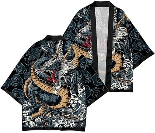 FZKun Cardigan kimono giapponese da uomo vintage drago stampato in 3D kimono estivo tradizionale giapponese abbigliamento taoista giacca harajuku streetwear, # 3, S