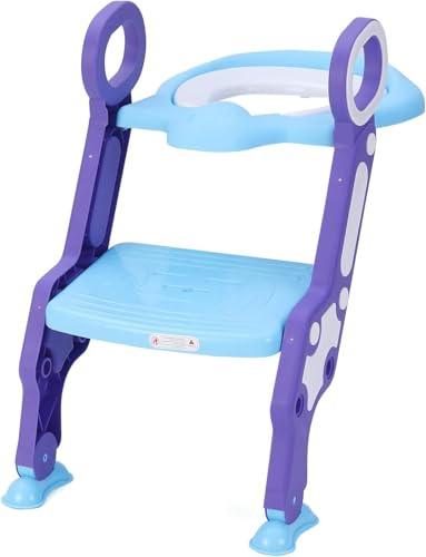 Tavoletta per WC con scaletta antiscivolo, per bambini, pieghevole, con morbido cuscino, robusta e antiscivolo, con gradini larghi, per ragazze e ragazzi (blu e viola)