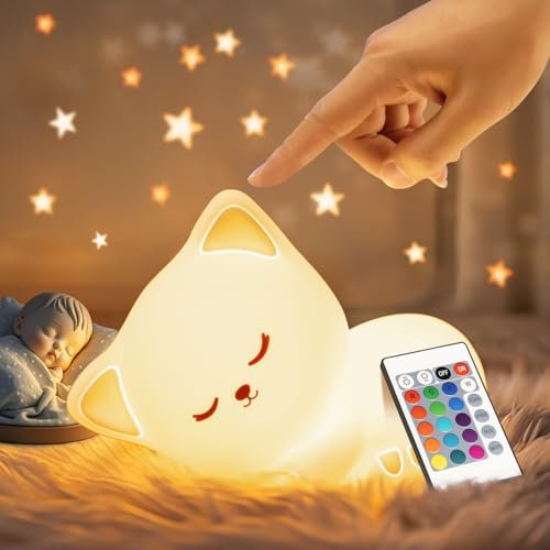 Luz nocturna para niños y bebés, gato, 16 colores+mando a distancia, recargable por USB, luz de lactancia, regulable, lámpara de noche, juguete y decoración Kawaii