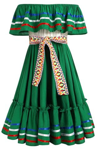 EFOGEP Robe mexicaine pour fille - Robe traditionnelle folk Ruffle drapée avec ceinture - Épaules dénudées - Cinco De Mayo Folklorico Fiesta - Costume d'Halloween - Carnaval - Anniversaire - Robe de