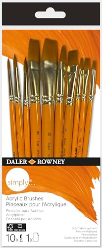 Daler-Rowney helt enkelt penslar för akryl, guld taklon syntetiskt hår, kort handtag, sortiment med 10 borstar