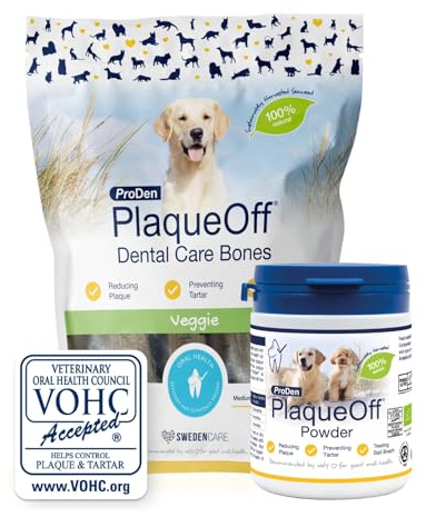 ProDen PlaqueOff Powder for Dogs & Cats, Tartar & Bad Breath Remover with 100% Natural Teeth Plaque Remover (180g Powder with Veggie Bones - Bundle)
