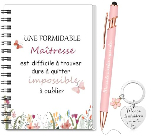 Sinmoe Set 3 Pcs Cadeau pour Maitresse Institutrice d'École Carnet à Spirale Porte Clés Stylo à Bille Cadeau pour ATSEM AESH Fin d'Année