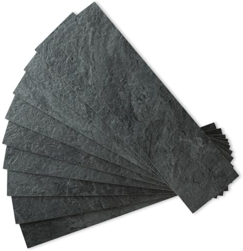 AULIGET 40-Piece Black Slate Peel and Stick Backsplash Wall Tiles, 3 x 12 PVC Faux Stone Stick on Tiles for Backsplash Kitchen, Bathroom, Laundry Room, Camper, Fireplace
