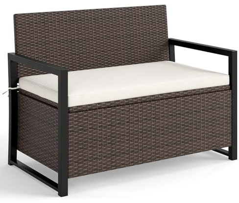 COSTWAY 2 Seater Garden Storage Bench, PE Rattan Deck Box Seat with 150L Box and Padded Cushion, Wicker Outdoor Loveseat Park Bench Chair (Mix Brown)