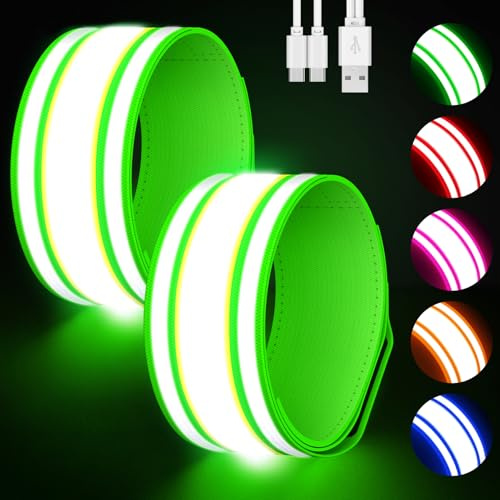 Samlior LED Armband for Running 2 Pack, 5 Colors 3 Lights Modes Rechargeable Reflective Light Up Arm Bands, High Visibility Reflective Gear for Running Walking Cycling at Night (Green)