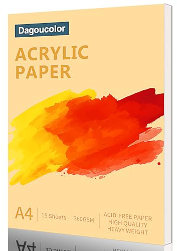 DagouColor Acrylique Papier pour La Peinture, 1 Pack, A4 Acrylique Dessin, 360gsm & Sans Acide, 15 Feuilles Livre Blanc Chacune, Livre D'œuvre D'art Pour Les Artistes Adultes Enfants Garçons Filles