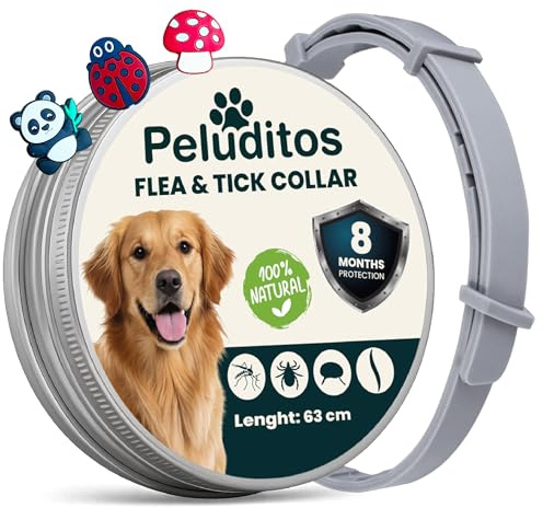 Collare Antiparassitario per Cani Taglia Grande – 8 Mesi di Protezione contro Pulci e Zecche – Regolabile con Oli Essenziali e 3 Charms Inclusi – 63 cm