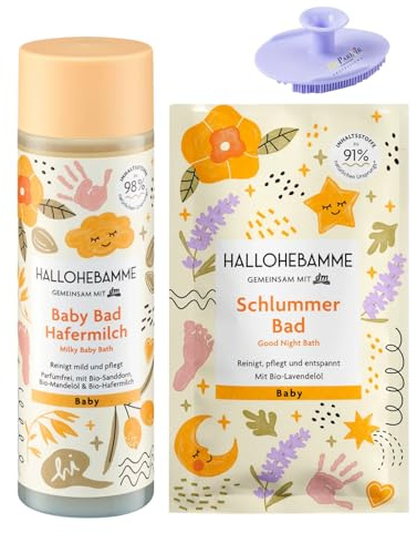 Hallohebamme Set of 2 - Baby Bath Additive Oat Milk (200ml) + Baby Bath Additive Snooze Bath (20ml) + Bonus Silicone Sponge
