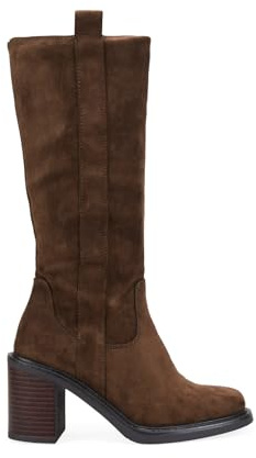 BOSANOVA Botas Altas de tacón para Mujer en Ante con Suela Redonda y tacón Ancho Efecto Madera. Cierre con Cremallera Interior. Calzado para Mujer Marron 36