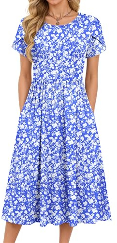 MOLERANI Summer Dress for Women - Round Neck Ladies Dress Elegant High Waist Midi Dresses Casual Floral Dresses with Pockets Blue White Flower XL