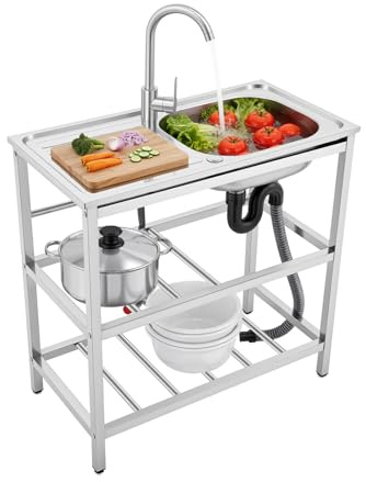LENJKYYO Diskbänk, rostfritt stål diskbänk med underskåp och bänkskiva, 1 handfat utomhus handfat fristående handfat med varm kallvattenkran, diskbänksskåp för utomhus, kök, camping