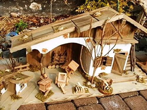 Unbekannt Großes Krippenset Holzhaus 80cm + Haus 27cm + Krippen Zubehör mit Brunnen Holzhaufen Stall