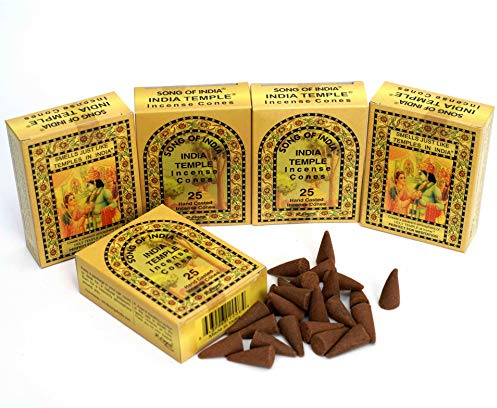 Song of India - India Temple Incense Cones | Natural, Handmade, & Aromatic | 5 x 25 = 125 Cones Total | Sandalwood, Low-Smoke Incense for Wellness, Meditation, Yoga, Relaxation, Spiritual Practices