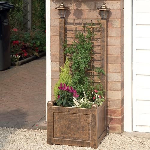 Greenhurst Plastic Garden Trellis Outdoor Planter with Two Solar Lights in Antique Bronze Finish.