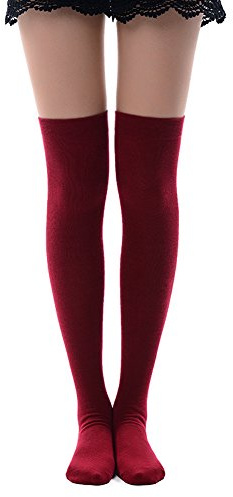 MK MEIKAN Red Thigh High Socks Stockings, Combed Cotton Long Over the Knee Thigh High Casual Socks Sexy Costumes for Women 1 Pair, Wine Red