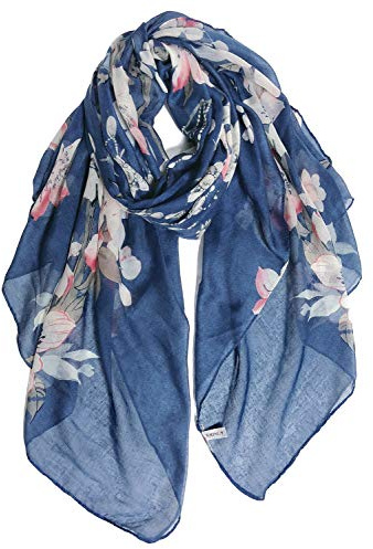 GERINLY Fashion Cotton Scarfs for Women Lightweight Flowers Print Long Hair Wrap Blue Floral Scarf Large Shawl(Denim)