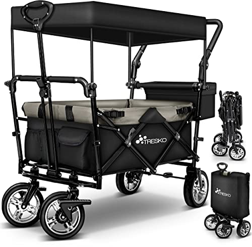 TRESKO Carro de Mano para Jardín con Techo, Bolsa Refrigerante y Persianas Enrollables | Carretilla Plegable de Transporte para Playa con Arneses | Carro, Remolque de Mano con Ruedas + Frenos