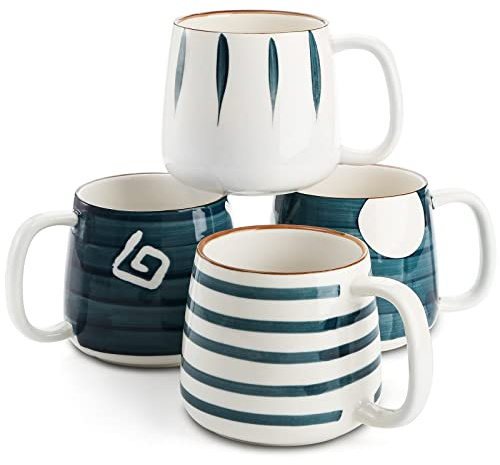 DEAYOU Set of 4 Porcelain Coffee Mugs, 17 Oz Ceramic Coffee Cups with Handles, Large Hand-Painted Tea Cups for Cappucino, Milk, Latte, Cocoa, Hot or Cold Drinks, Microwave & Dishwasher Safe