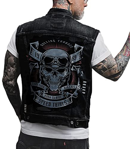 ORANDESIGNE Giacca di Jeans Senza Maniche Slim Fit da Uomo Moda Autunno Gilet di Jeans Classico Collo con Risvolto Nero Stampa Graffiti Punk Jeans Gilet Cappotto Outwear C Nero XL