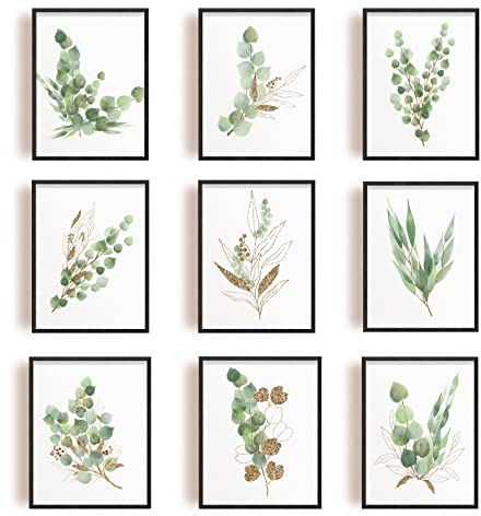 SUPERDANT 9 PCS/Set Impresiones En Lienzo Planta de Eucalipto Arte En Lienzo Pintura Verde Cuadros Decorativos de Arte de Pared para Decoración de Pared de Oficina 25x20 cm (Sin Marco)