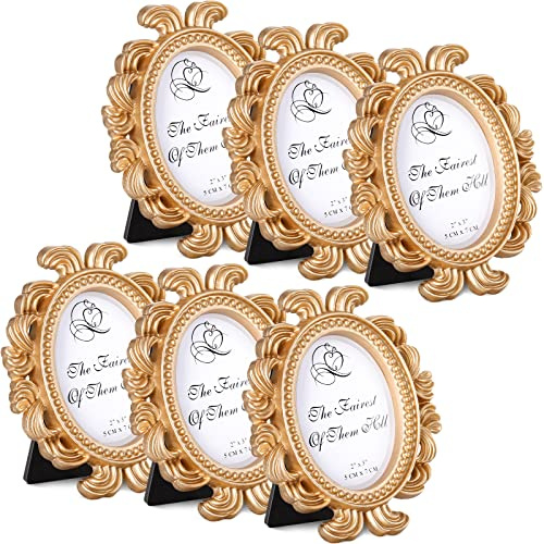 Vicenpal 6 Pieces Mini Gold Picture Frames 3.2 x 4 Inch Vintage Small Antique Resin Baroque Picture Frames Bulk Oval Hanging Display for DIY Jewelry Gifts Christmas Wedding Decor (Gold)