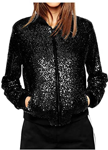 Duohropke - Chaqueta de mujer con lentejuelas brillantes, manga larga, estilo bomber, chaqueta de vuelo, chaqueta de motociclista, ropa de exterior, Negro , XXL