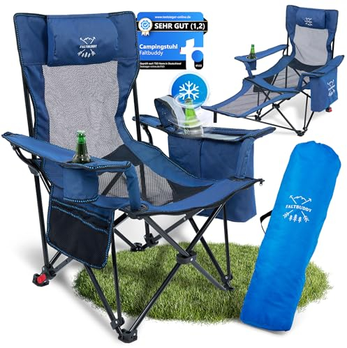 Faltbuddy® Campingstuhl faltbar & Liegestuhl klappbar 2in1 bis 180Kg blau [XXL Kühltasche] Faltstuhl I Klappstuhl I Angelstuhl Campingliege Strandliege klappbar leicht - Angler Strand Festival Outdoor