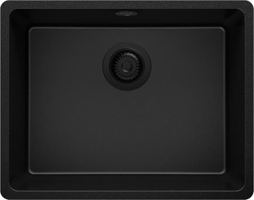 PRIMAGRAN Fregadero bajo Encimera Todo Negro 56x44cm, Cocina 1 Seno + Sifón, Granito al Mueble 60cm - Venecia Easy S067