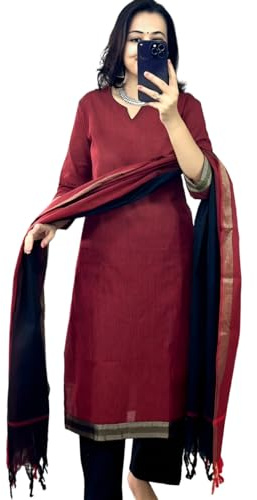 Beads N Stones Élégant Kurti en coton fait main avec bordure de temple – Ensemble complet, Rouge, 3XL