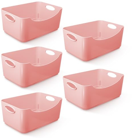 KEPLIN 5 Pack Plastic Studio Baskets with Sturdy Handles, Multi-Purpose Organiser Boxes for Home, Kitchen & Bathroom, Shelves & Drawers, Lightweight Space-Saving Containers, 22.3 x 14.8 x 10 cm