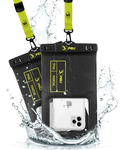 Peli Lot de 2 pochettes étanches IP68 (taille XL) – Coque de téléphone étanche et flottante pour iPhone 16 Pro Max/iPhone 15 Pro/14 Pro/13/12/S25 – Cordon amovible, noir/jaune haute visibilité