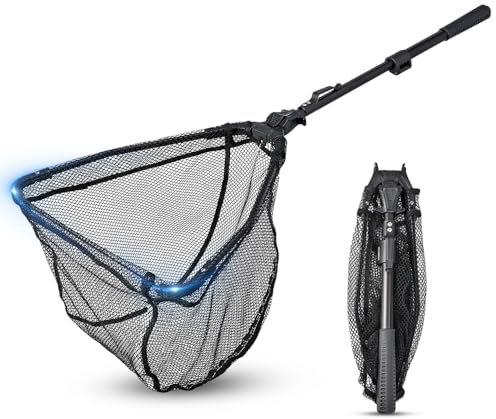 BNGXR Épuisette Pêche Pliable, Caoutchouc Filet Téléscopique Landing Net Antirouille Alliage D'aluminium Nylon Filet de Pêche 95 cm avec Poignée, pour Etangs Truite Carpe Salmon Attraper et à Libérer