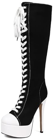 Feinlina Modische Damen-Stiefeletten mit rundem Zehenbereich, Segeltuch, Schnürung, hohe Plateau-Stiletto-Stiefeletten mit hohem Absatz, Schwarz-1, 43 EU