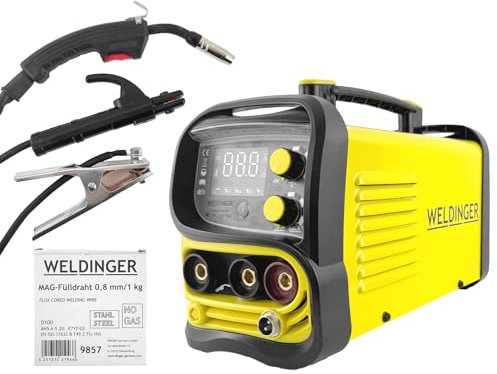 WELDINGER ME 130 mini Flux ECO Fülldrahtschweißgerät + 1 kg Fülldraht + Fülldraht-Gasdüse + Stromdüsen MMA Lift-WIG abnehmbares Schlauchpaket 5 Jahre Garantie