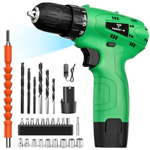 Tegatok Cordless Drill Set,12V Power Drill Set with Battery and Charger, Electric Driver Drills Bits, 3/8'' Keyless Chuck,18+1 Torque Setting with LED Electric Drills Set