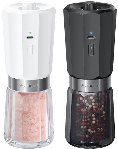 FORLIM Macina Sale e Pepe Elettrico a Gravità con 2 Velocità, 800mAh Ricaricabile, Funzione di Pulizia Auto-Inversa, Macina Pepe con LED Bianco, Nocciolo di Macinazione in Ceramica, Bianco & Nero