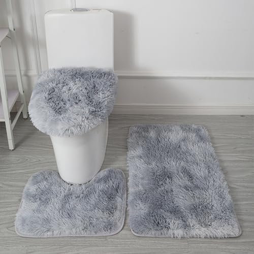 Generico Set di Tappeti da Bagno 3 Pezzi in Microfibra Morbida – Antiscivolo, Assorbente, Lavabile in Lavatrice, Tappetino Shaggy, Contorno WC e Copriasse (Grigio chiaro sfumato)