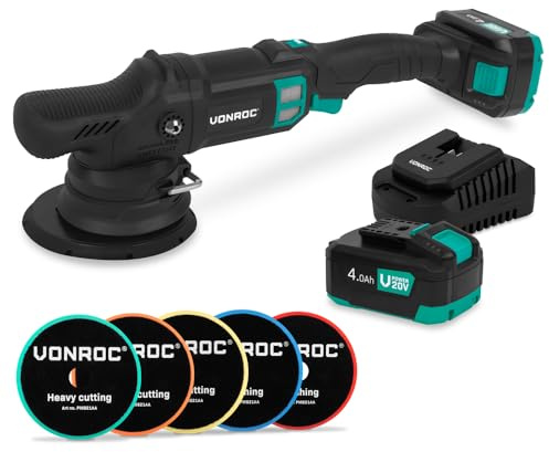 VONROC Polisseuse Dual Action PM510DC Sans Fil 20V | Polissage Auto, Carrosserie, Cire & Correction Rayures | Kit Complet 5 Disques + 2 Batteries + Chargeur Rapide