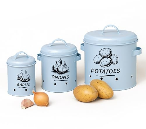 Relaxdays Caja para almacenar Patatas, cebollas y ajos, Set de 3, con Tapa y Agujeros, Metal, Azul Claro, Acero, Hierro, 21 x 26 x 23.5 cm
